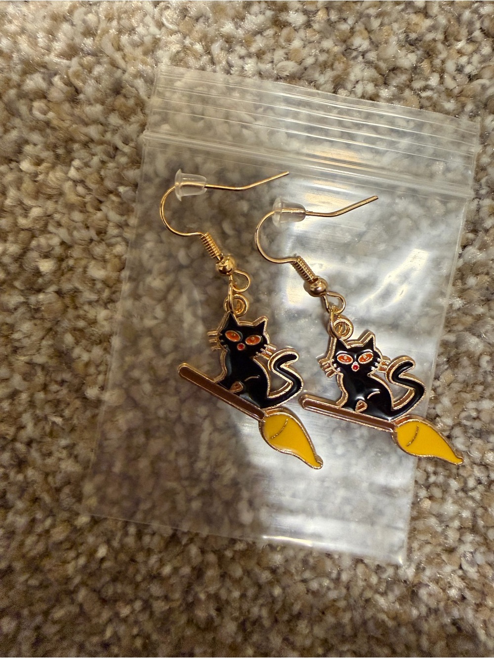 Cute Black Cat on Broomstick Earrings — Gold & Yellow Accent